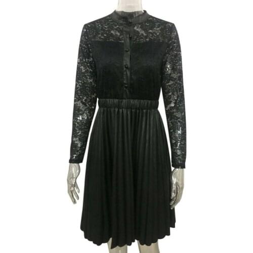 2021 Hot Women Sexy Lace Long Sleeve Pu Leather Pleated Swing Dress Ol Work Party Dress