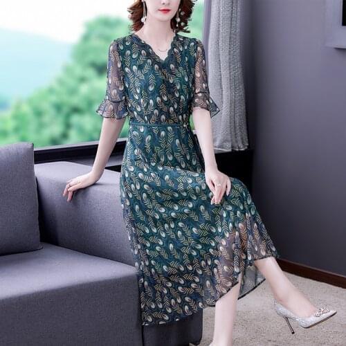 Women 5XL Plus Size Vintage Mulberry Silk Dress Summer Print Chiffon Beach Midi Dress 2021 Elegant Bodycon Party Runway Vestidos