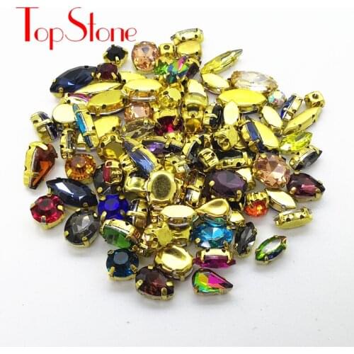 TopStone 100pcs Mix Color Shapes Glass Crystal Sew On Gold Claw Rhinestone Strass DIY Wedding Dress Bags Decoration