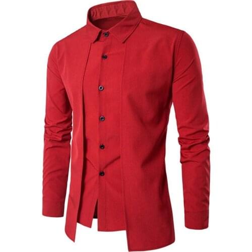 2020 nuevo Mens falsa dos piezas camisas Color liso casual Slim Fit camisas con una botonadura camisas de manga larga negocio