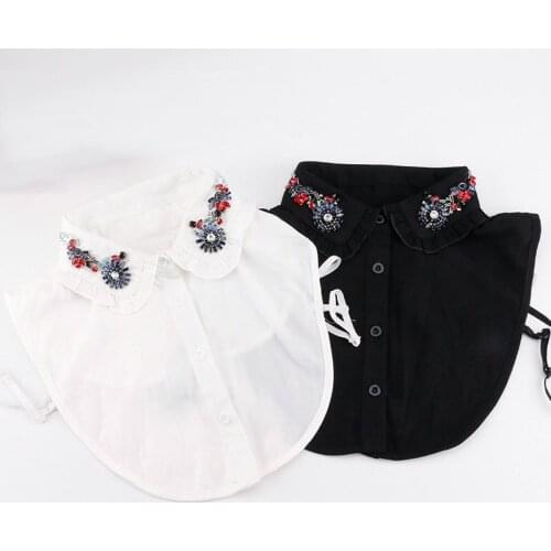 2021 Women Cardigan Button Sweater Shirt Fake Collar Rhinestone Peter Pan Bead False Detachable Collar Chiffon Lapel Blouse Tops