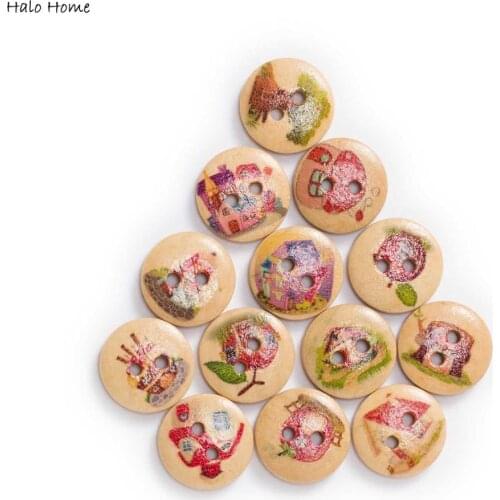 50pcs House Theme Round Wooden buttons Sewing Scrapbook Clothing Gifts Crafts Handwork Accessories 15mm
