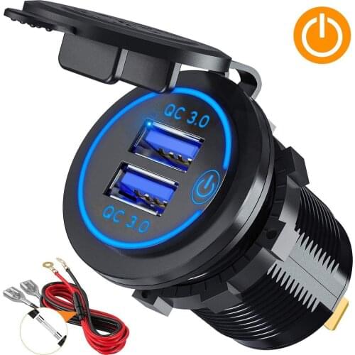 Quick Charge 3.0 Dual USB Car Charger Socket Waterproof 12V/24V QC3.0 USB Fast Charger Socket Power Outlet with Touch Switch
