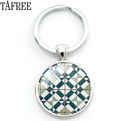 TAFREE Azulejo Portugues keychain Portugal Flower Geometric pattern key chain round Glass cabochon dome Vintage Jewelry AP12