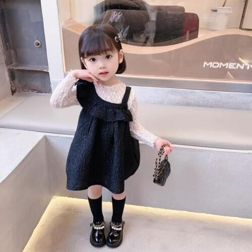 Children Girls Dress Sets 2 Pieces Autumn Wear 2021 New Bottomed Shirt + Suspender Black Mini Dresses