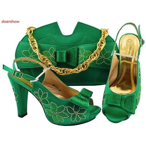 Doershow New Arrival African Wedding Shoes and Bag Set green Color Italian Shoes with Matching Bags Nigerian Women party!HLN1-7