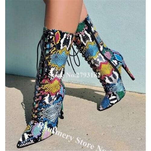 Western Fashion Style Pointed Toe Snake Leather Stiletto Heel Short Boots Printed Leather Lace-up High Heel Ankle Booties