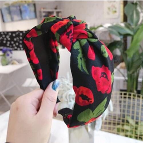 Red Flower Print Hairband Women Hair Ornament Bow Knotted Center Headband Adults Headdress Holiday Headbands Bowknot Hair Hoop