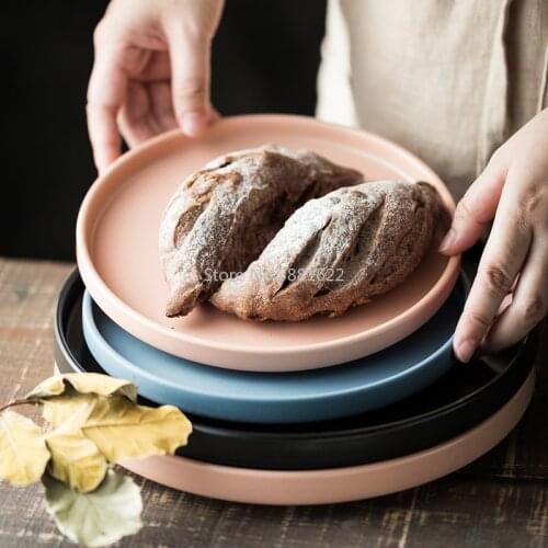 Creative Ceramic Round Plate Dark Green Matte Household Tray Nordic Pink Ceramic Tableware Steak Western Food Plate