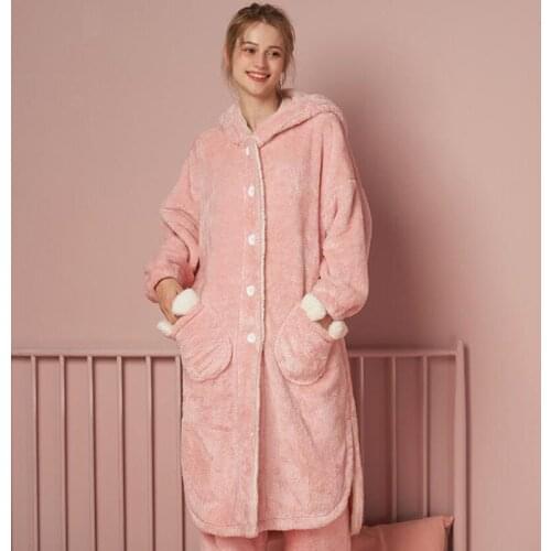 Girls Sweet Winter Pajamas 2020 Women Robe Home Wear Two Piece Set Top And Pants thick Coral Fleece suit sleepwear FG254