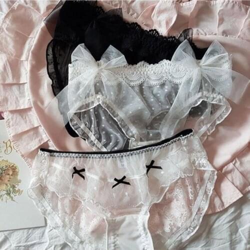 Kawaii Cute Sexy Lolita Girls Black White Lace Panties Briefs Womens Underwear Daily Wear Pantsu Ruffles Bows Trim