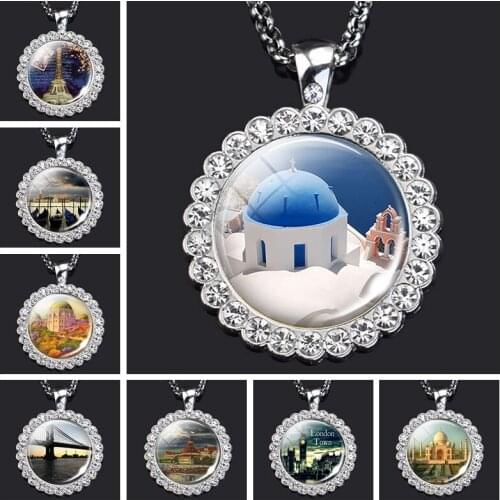 World Architecture Jewelry Brooklyn Bridge San Diego Eiffel Tower Santorini Greece Necklace Taj Mahal Rhinestone Pendant Gift