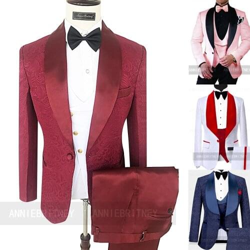 Tailored Men Jacquard Burgundy Tuxedo Shawl Lapel Groomsmen Suits Wedding Prom Best Man Blazer White Jacket Vest with Pants Set