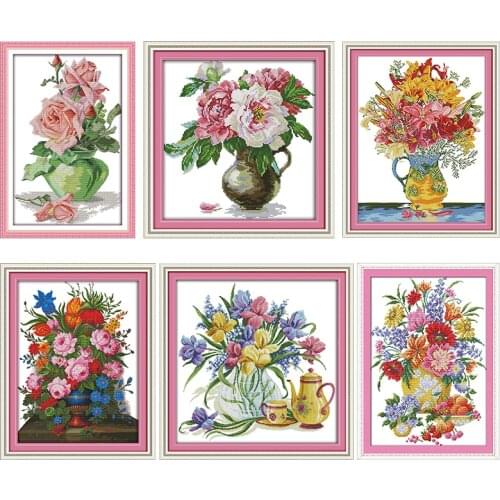 Printed Cross Stitch Embroidery Needlework Kit The Colorful Flowers Pattern Vase 11CT 14CT Decoration Counted Fabric Thread Set