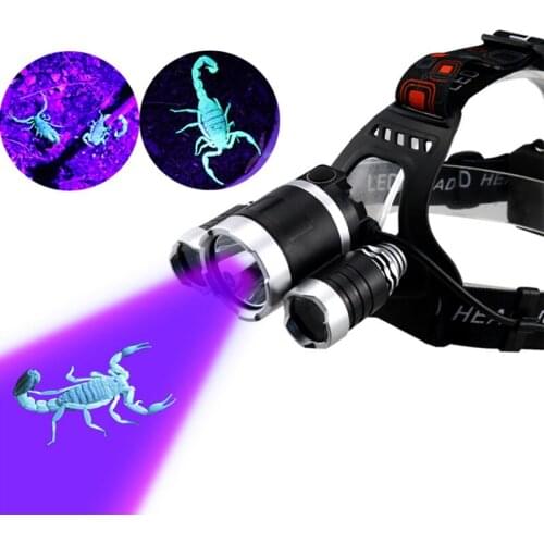 LED Rechargeable UV Light Purple Headlamp T6 with 2*18650 battery Charger for Night Fishing Scorpions Jewellery Pet Urine Stains