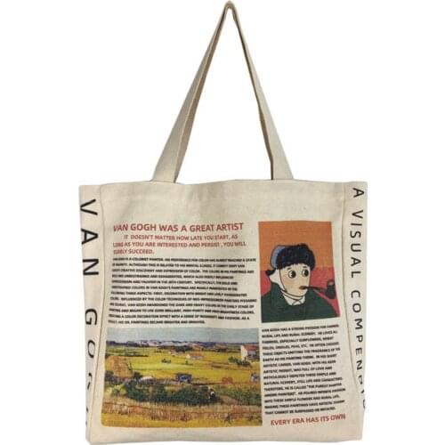 New Women Van Gogh Cartoon Cotton Cultural Canvas Print Storage Shopping Bags Students Book Bag Art Handbags Tote