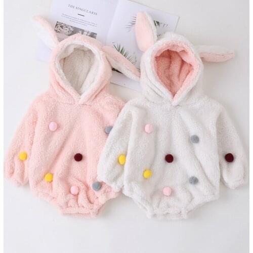 Plush Thickening Winter Baby Girl Clothes Colorful Hairball Cute 3D Rabbit Ear Hooded Long Sleeve Warm Soft Baby Bodysuit 3-18M