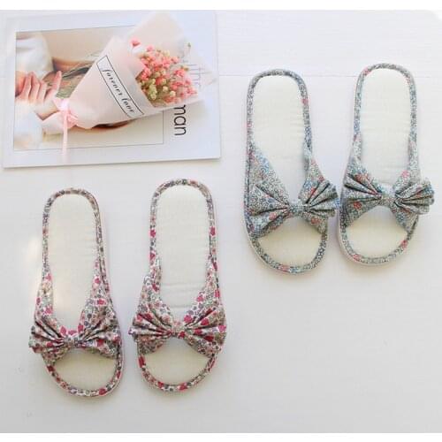 Casual Beach Shoes Indoor Use Bohemian Style Broken Flower Bow Home Waterproof Antiskid Womens Linen Slippers