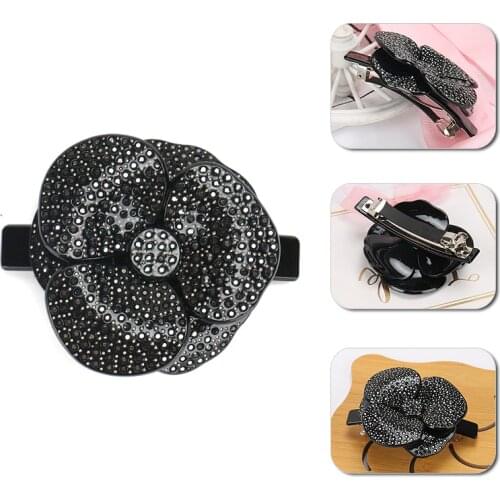 Luxurious Full Rhinestone Camellia Hair Barrette Clip High Quality Cellulose Acetate Hair Clips