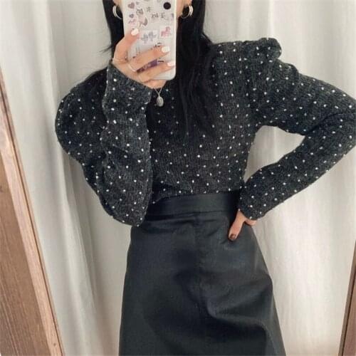 Chic polka dot retro sweater elegant termperament simple solid pullovers winter thick soft sweater sweet outgoing dating pulls