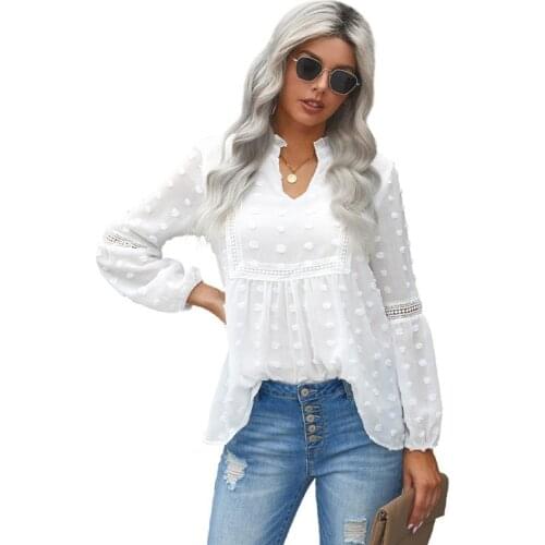 Solid Color Shirt Women 2021 Spring Autumn New Fashion V-neck Pullover Ladies Lace Shirt Female JD1084
