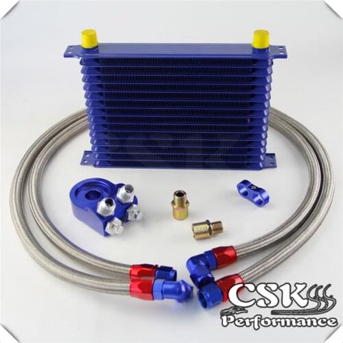 Universal 15 Row 262mm AN10 Engine Transmission Oil Cooler Trust Type + Aluminum Filter Adapter Kit Blue