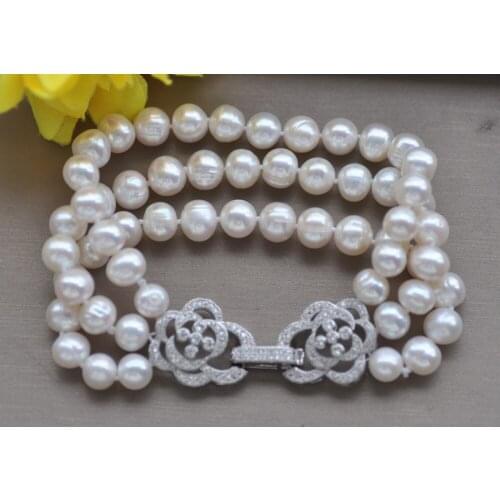 Z10792 3Row 8" 9mm White Round Freshwater Pearl Bracelet CZ