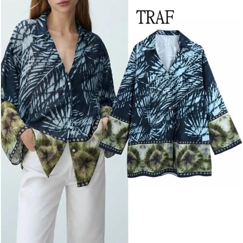 TRAF Za Women Blouse 2021 Autumn Print Long Sleeve Buttons Shirt Women Clothing Vintage Plus Size Loose Female Shirt Chic Tops