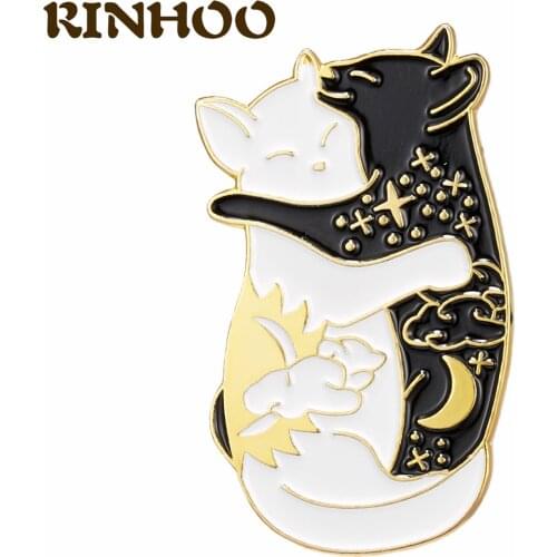 RINHOO Two Black White Hugging Cats Brooches For Women Lovely Moon Pattern Couple Cats Animal Brooch Enamel Lapel Pins Jewelry
