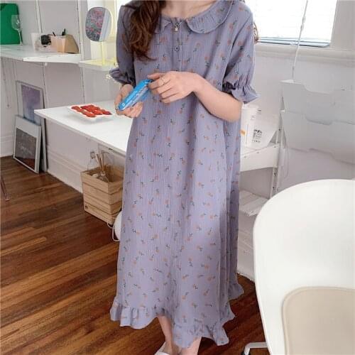Nightdress Ins Orange Fruit Print Women Nightgown Short Sleeve Pater Pan Collar Cute Cotton Sleepwear Homewear Dress