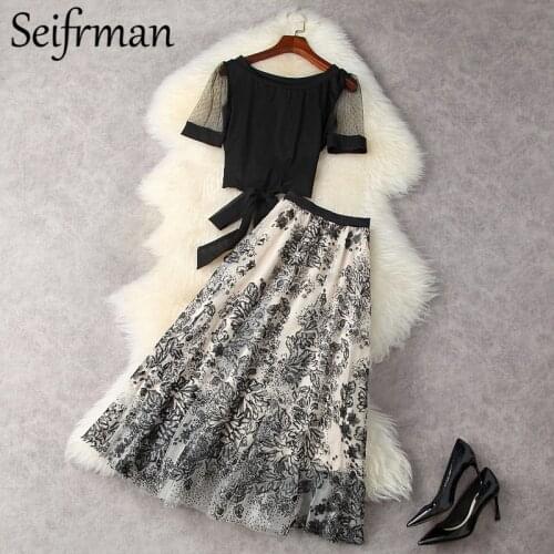 Seifrmann New 2021 Summer Women Fashion Designer Skirts Set Short Sleeve Loose Tops+High Waist Embroidery Big Swing Skirt Suits