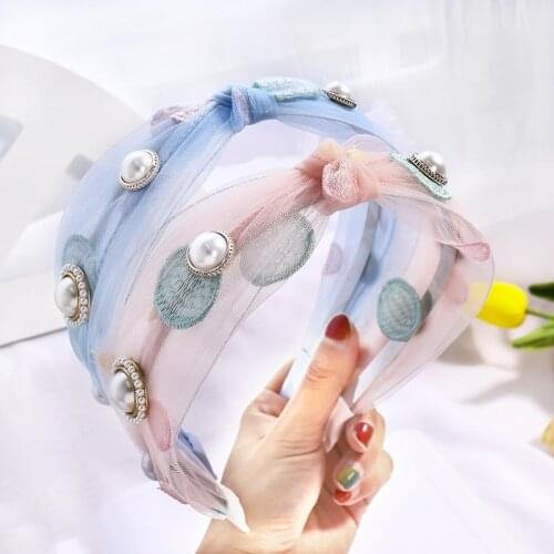 Korean New Sale Embroidery with Pearl Women Hairbands Pink Blue Color Vintage Twist Braid Turban Hair Accessories Boho Headwear