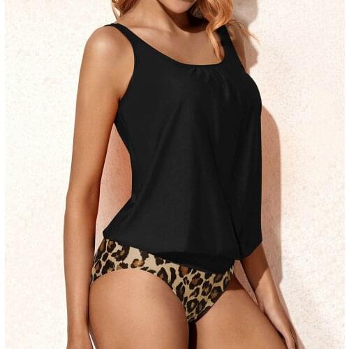 2021 New Swimsuit 2 Pieces Women Sleeveless Round Neck Print Swimwear Split Bikini Mujer Set Bathing Suit Beachwear Cover Up