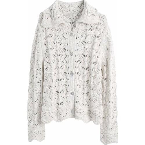 Womens Temperament Lapel Jewelry Button Decoration Hollow Knitted Jacket Sweet And Versatile Autumn And Winter New