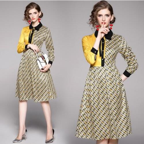 Summer New Womens Slim-Fit Geometric Print Contrast Bow Single-Breasted Lapel A- line Long-Sleeve Dress