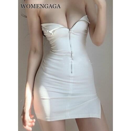 WOMENGAGA Korea New Sexy Temperament Strapless Zipper Tight Solid Color Slim Buttocks Sheath Mini Tank Strapless Dress QA87