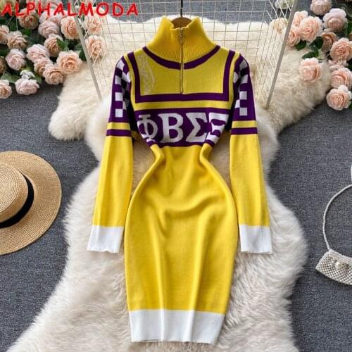 ALPHALMODA 2021 Autumn Womens Fashion Letter Sweater Dress Contrast Color Stand Collar Ladies Casual Sporty Dress