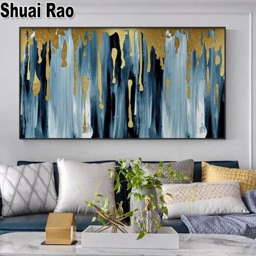 5D Diy Diamond Embroidery"Blue Gold Abstract painting"Full Square Round 3d Cross Stitch Mozaik Puzzle Diamond Painting