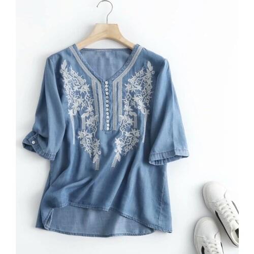 Summer denim blouse shirt women short sleeve v-neck casual soft jeans embroidery blouse light blue cotton women tops