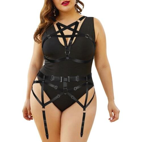 Black Pentagram 2 Pc Sexy Lingerie Set Harness Women Cage Hollow Bra Plus Size Exotic Apparel Punk Goth Garters Suspender Belt