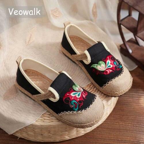 Veowalk Handmade Women Canvas Slip On Sneakers Ladies Casual Comfortable Hemp Woven Bottom Loafers Espadrilles Flat Shoes