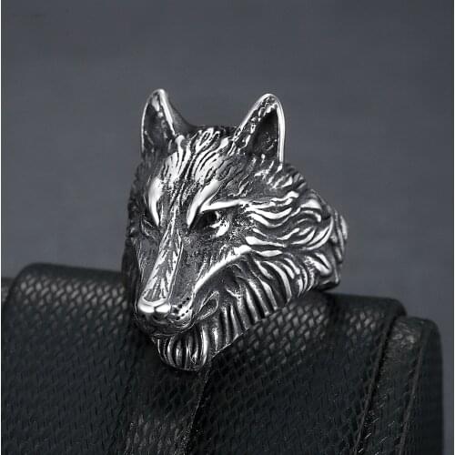 Personality Vintage Stainless Steel Viking Wolf Head Ring Mens Punk Rock Biker Ring Male Viking Amulet Jewelry Gift