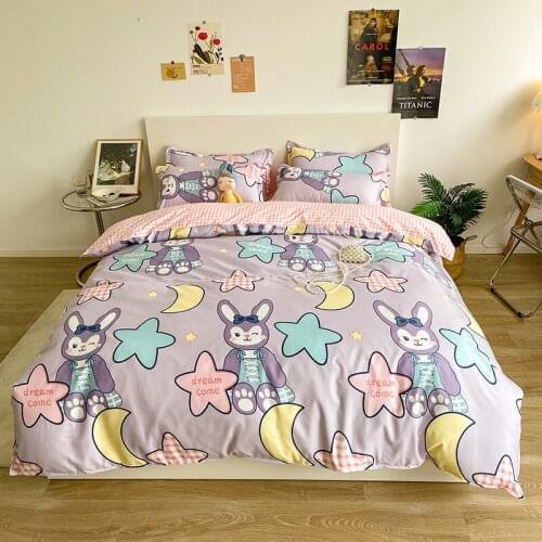 Cute Cartoon Purple Rabbit Bunny Bedding Set For Girls Kids Duvet Cover Set Queen Size Bed Cover Twin parure de lit 2 personnes