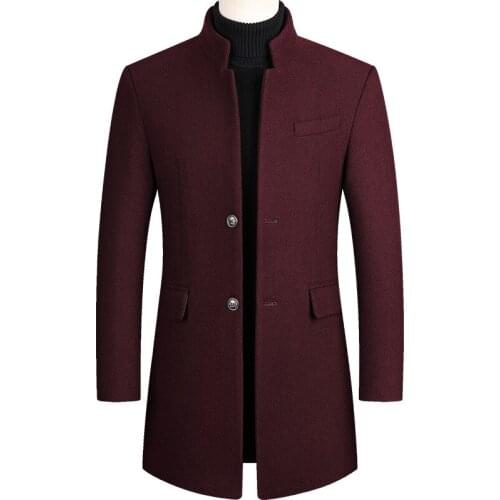 Mens Overcoat Boys Winter Wine Red Coat Plus Size Woolen Blend Coat Long Male Windbreaker Cotton Thick Warm Topcoat Men Jacket
