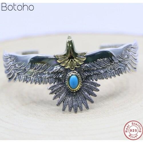 Takahashi Goro Handmade S925 Sterling Silver colour Eagle Blue Turquoise Retro Thai Silver colour Men Women Open Ended Bangle