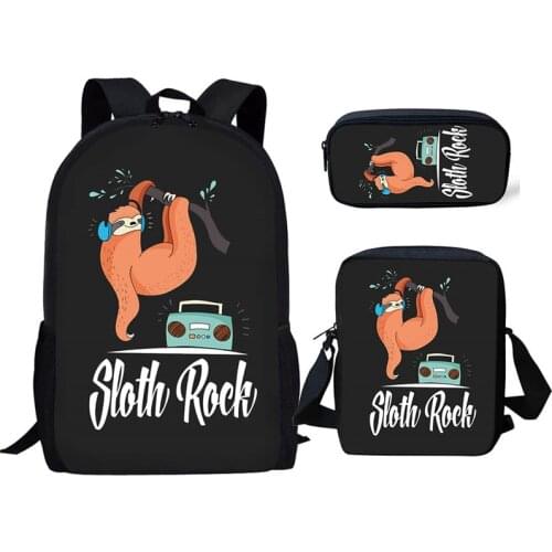 Funny Sloth Rock Print Floral Boys Girls School 3pcs Bags Set 16inch Student Books Pen Backpack Boys Girls Bolas Backpack