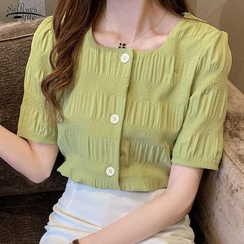 2021 Summer New Womens Shirts Korean Style All-match Square Collar Slim Short-Height Short Sleeve Bubble Chiffon Blouse 9365