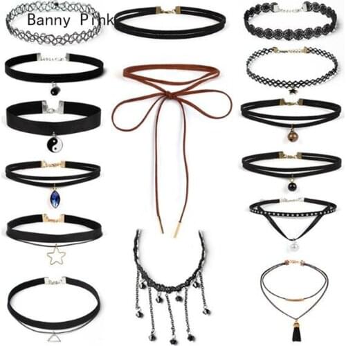 New Punk Black Lace Leather Choker Necklaces For Women Gothic Pendant Choker Collars Set Fashion Jewelry Colliers Colar Bijoux