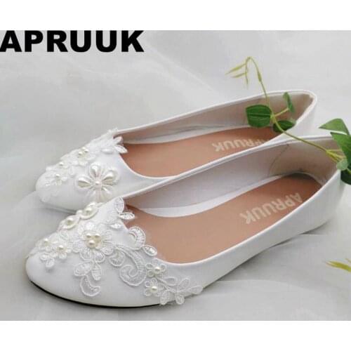 SALES PROMOTION! White lace ivory pearls bridal shoes women flat heel sweet flower girl wedding party bridesmaid shoes