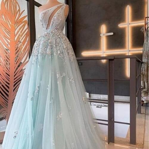 Blue prom dresses 2020 one shoulder pleats a line keyhole lace appliques beading long evening dresses gowns